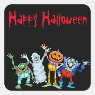 Pegatina Cuadrada Criaturas personalizados de Halloween saludando, p