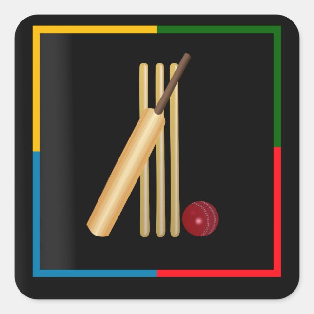 Pegatina Cuadrada Cricket, wicket, murciélagos y pelotas, (Anverso)