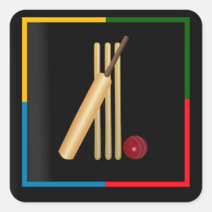 Pegatina Cuadrada Cricket, wicket, murciélagos y pelotas,