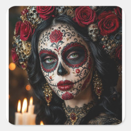 Pegatina Cuadrada Crimson Rose Calavera – Elegante Día de Muertos