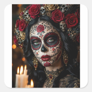 Pegatina Cuadrada Crimson Rose Calavera – Elegante Día de Muertos