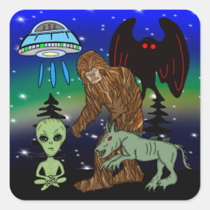 Pegatina Cuadrada Criptidos, Pie, Sasquatch, Mothman, Alien, OVNI