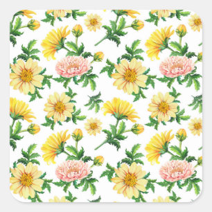 Pegatina Cuadrada Crisantemo acuarela: diseño floral sin foco