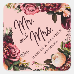 Pegatina Cuadrada Crisantemo romántico sobre rosa gasa