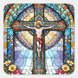 Pegatina Cuadrada Cristal manchado Jesús en la cruz con flores