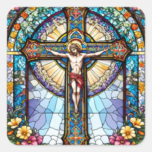 Pegatina Cuadrada Cristal manchado Jesús en la cruz con flores