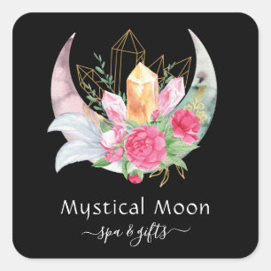 Pegatina Cuadrada Cristales Boho Moon Feathers Flores rosadas Esotét