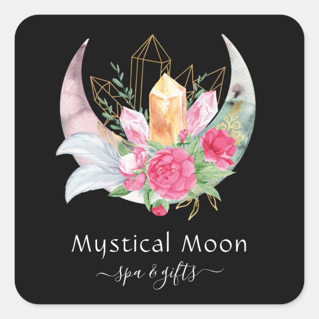 Pegatina Cuadrada Cristales Boho Moon Feathers Flores rosadas Esotét (Anverso)