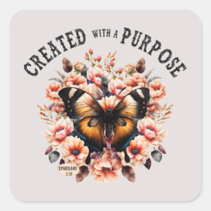 Pegatina Cuadrada Cristiana De La Mariposa Floral Creada Con Un Prop