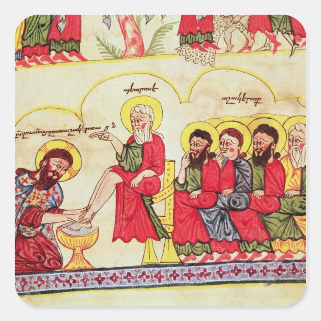 Pegatina Cuadrada Cristo lavando los pies discípulos (Anverso)