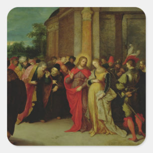 Pegatina Cuadrada Cristo y el adulterio admitido mujer