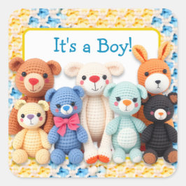 Pegatina Cuadrada Crocheted Stuffed Animals | It's a Boy