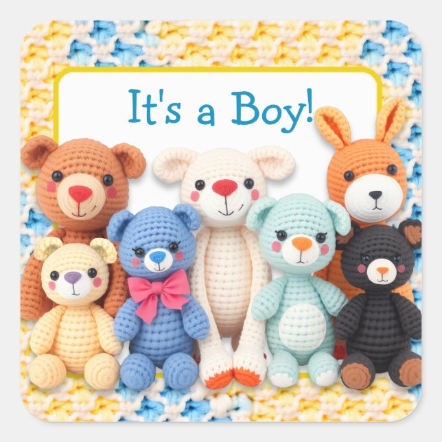 Pegatina Cuadrada Crocheted Stuffed Animals | It's a Boy (Anverso)