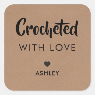 Pegatina Cuadrada Crocheted with Love, Handmade Gift Tag, Kraft