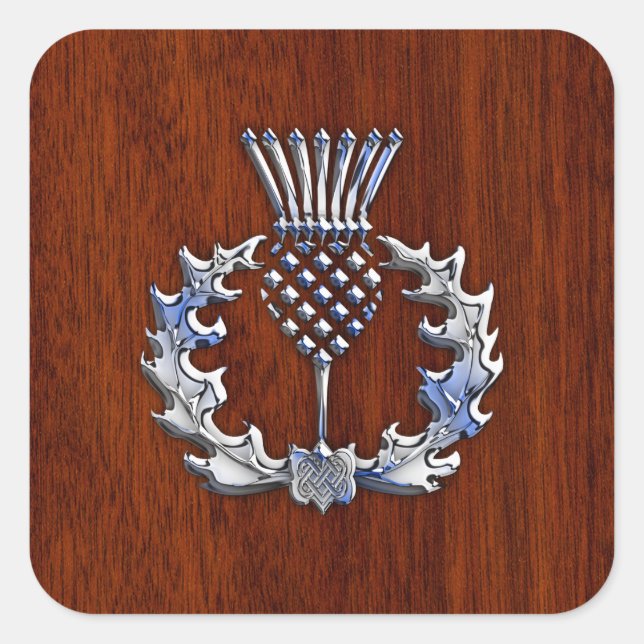 Pegatina Cuadrada Cromado como Mahogany Wood Grain Scottish Thistle (Anverso)
