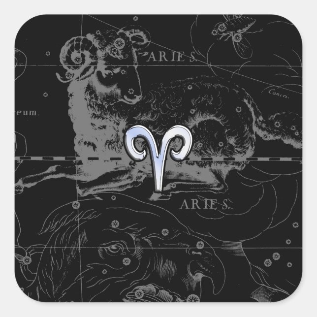 Pegatina Cuadrada Cromo como el Rótulo Aries Zodiac en Hevelius Blac (Anverso)