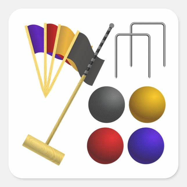 Pegatina Cuadrada Croquet Equipment Set Mallet Balls Hoops (Anverso)