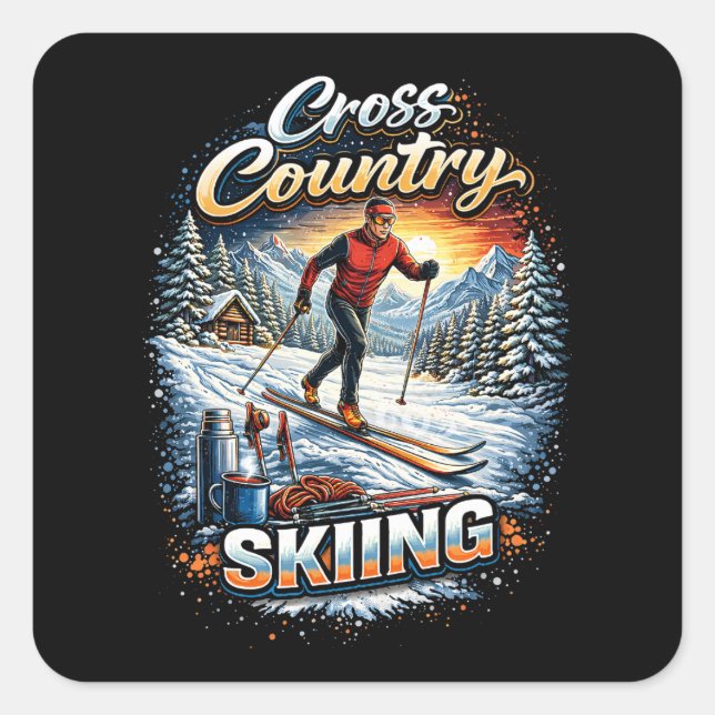 Pegatina Cuadrada Cross Country Skiing (Anverso)