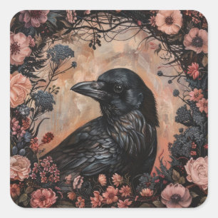 Pegatina Cuadrada Crow "Cottage Core", país floral. Gótico