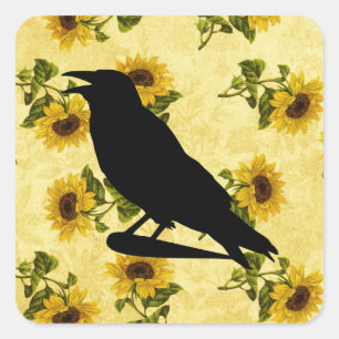 Pegatina Cuadrada Crow on Sunflowers