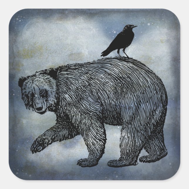 Pegatina Cuadrada Crow Y Bear (Anverso)