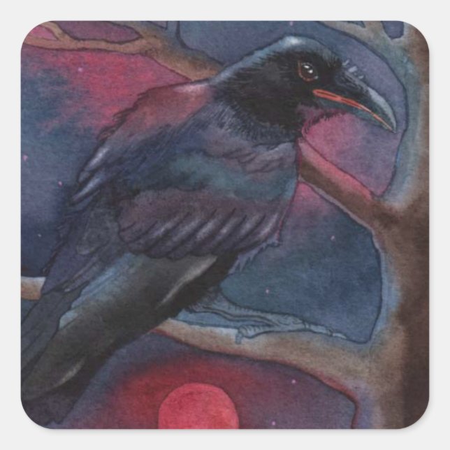 Pegatina Cuadrada Crow y Red Moon Rising (Anverso)