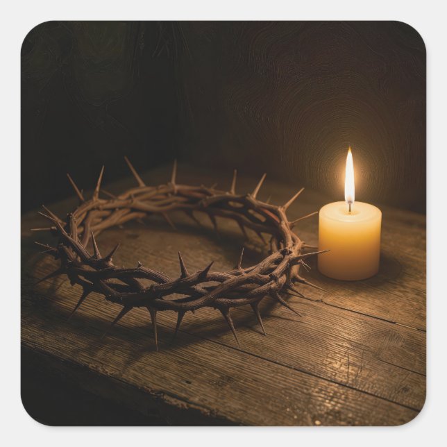 Pegatina Cuadrada Crown of Thorns Illuminated By a Candle (Anverso)