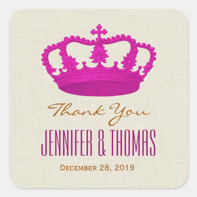 Pegatina Cuadrada Crown PINK Gracias Novia Groom Boda V25 (Anverso)