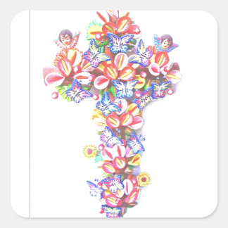 Pegatina Cuadrada Cruce de Pascua Mariposas Cherubs Tradición Mexica
