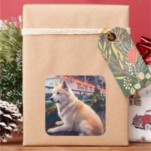 Pegatina Cuadrada Crucero de Navidad Akita: Delicia Navideña Adorabl