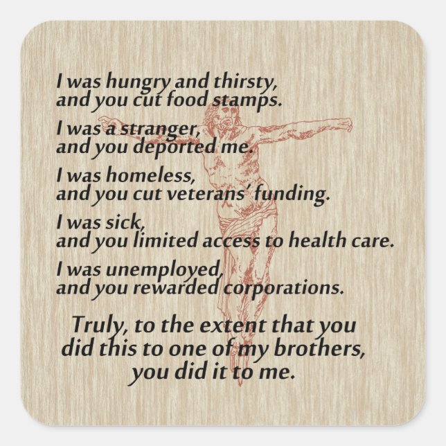 Pegatina Cuadrada Crucifijo de Justicia Social (Anverso)