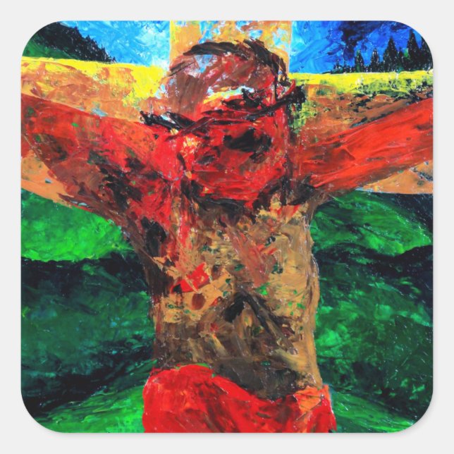Pegatina Cuadrada Crucifixión- está terminado el 2009 (Anverso)