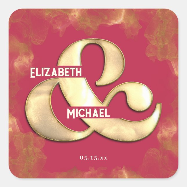 Pegatina Cuadrada Cruda elegante Gold Pink Magenta Custom Wedding (Anverso)