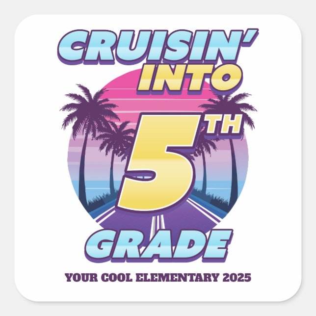 Pegatina Cuadrada Cruisin’ Back to School 5th Grade (Anverso)