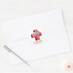 Pegatina Cuadrada Cruz Caduceosa de Plata 3D médica