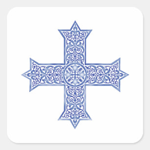 Pegatina Cuadrada Cruz Copta de Arte en Azul Lapis Premium