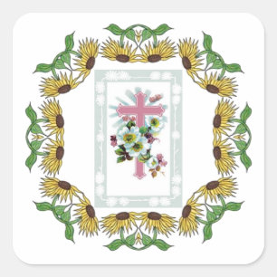 Pegatina Cuadrada Cruz cristiana rosa