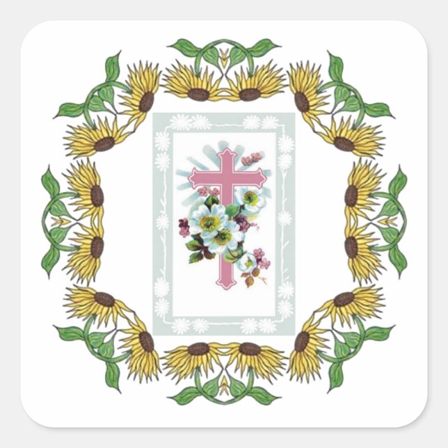 Pegatina Cuadrada Cruz cristiana rosa (Anverso)