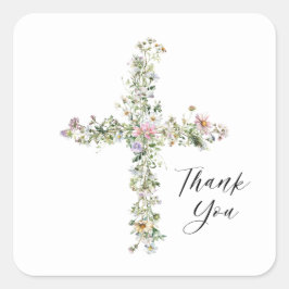 Pegatina Cuadrada Cruz de flor silvestre pradera Gracias Religioso
