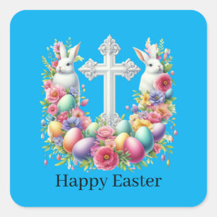 Pegatina Cuadrada Cruz de Pascua Feliz Linda