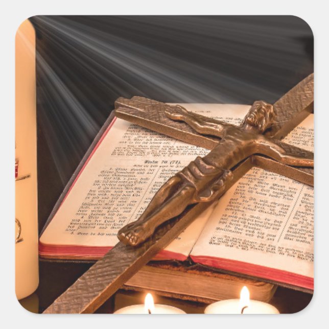 Pegatina Cuadrada cruz de Pascua y velas (Anverso)