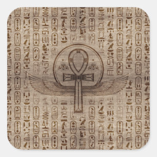 Pegatina Cuadrada Cruz egipcia - Ankh - textura de madera