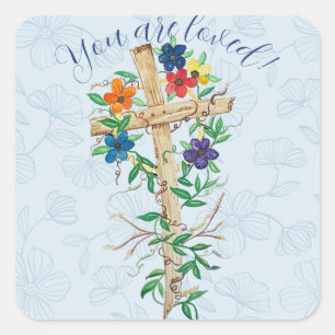 Pegatina Cuadrada Cruz floral cristiana