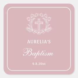 Pegatina Cuadrada Cruz floral simple en bautismo rosa