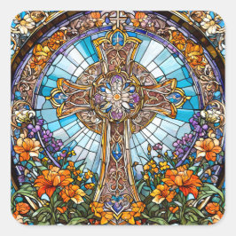 Pegatina Cuadrada Cruz Santa de Vidrio Manchado con Flores