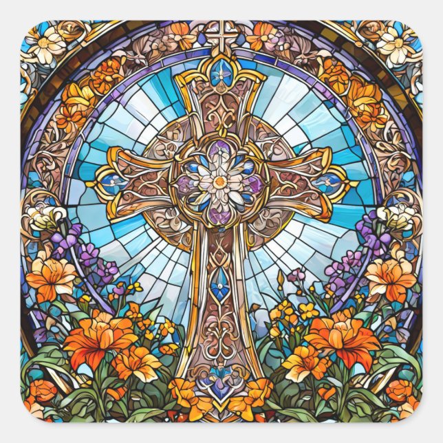 Pegatina Cuadrada Cruz Santa de Vidrio Manchado con Flores (Anverso)