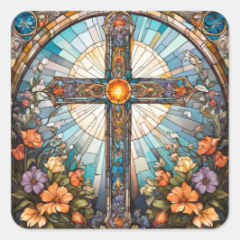 Pegatina Cuadrada Cruz Santa de Vidrio Manchado con Flores