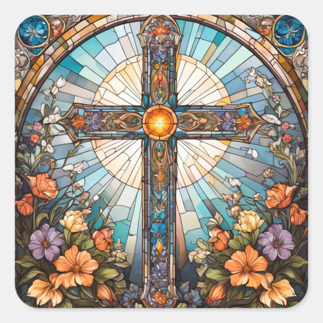 Pegatina Cuadrada Cruz Santa de Vidrio Manchado con Flores (Anverso)