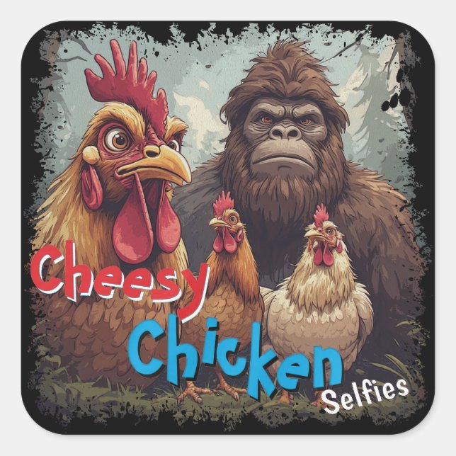 Pegatina Cuadrada “Cryptid Photo Op” Cheesy Chicken Selfie Sticker (Anverso)