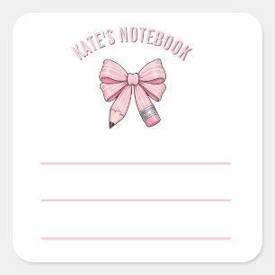 Pegatina Cuadrada Cuaderno con lazo de lápiz escolar rosa pastel lin